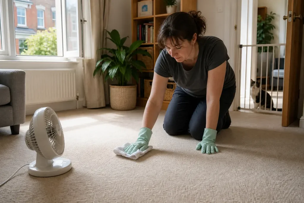 How to Remove Cat Urine Smell from Carpet 6 Cleaned carpet drying with airflow after a cat urine treatment