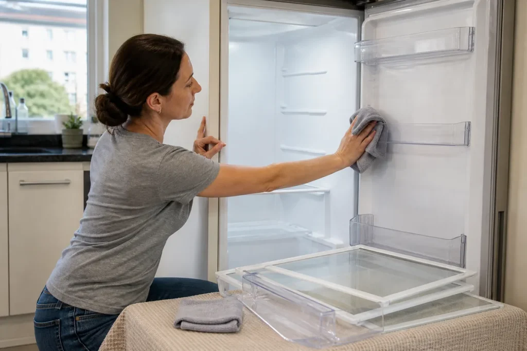 Fridge Cleaning: A Food-Safe Step-by-Step Guide for Home 6 Woman drying a cleaned fridge and door gasket before restocking