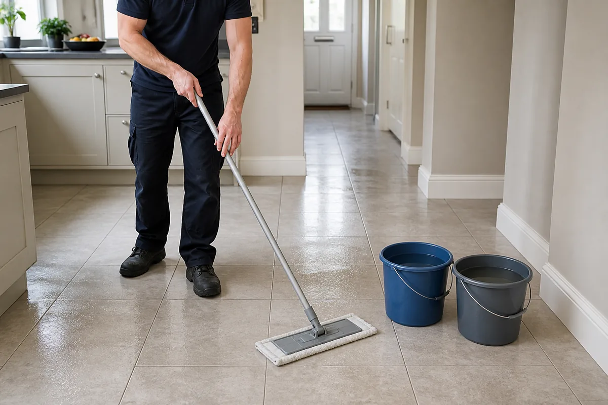 Floor Cleaning: Choose the Right Method for Every Floor Type 5 Cleaner using separate clean solution and dirty rinse water while mopping a tiled floor
