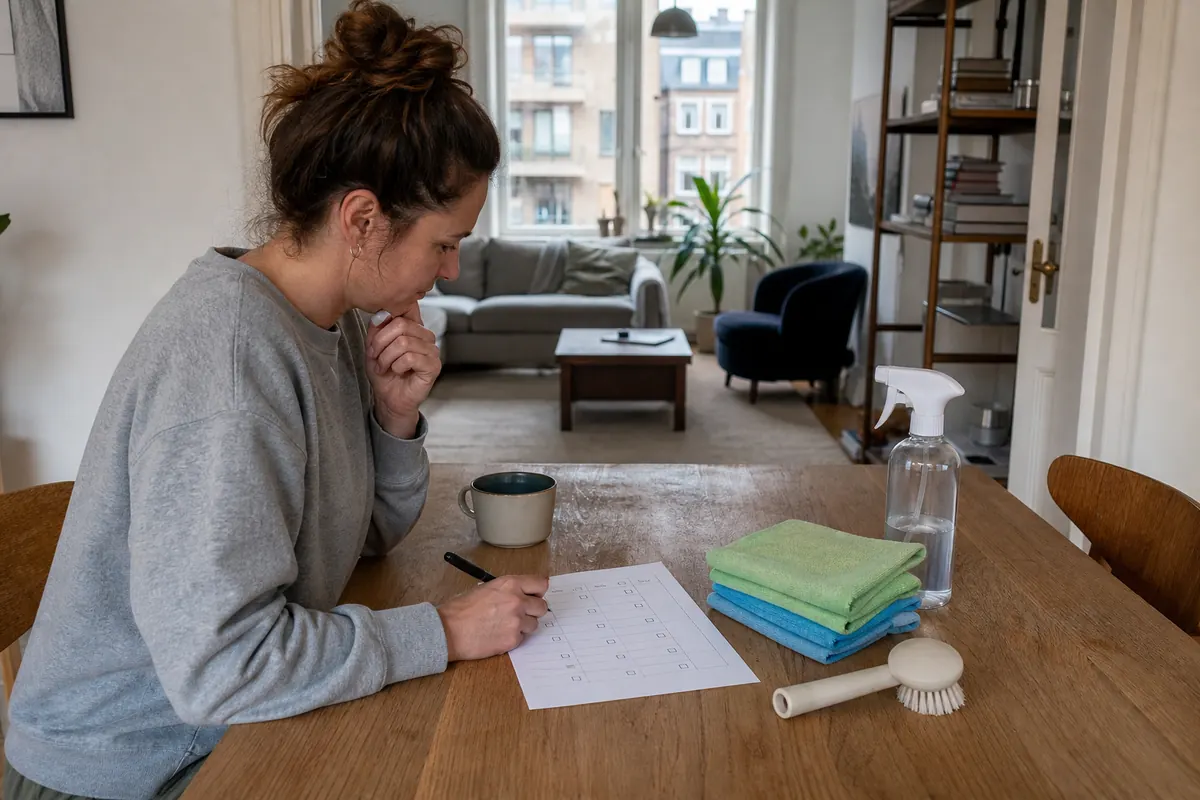 Home Cleaning Schedule: Daily, Weekly and Monthly Tasks 4 Homeowner planning a weekly home cleaning schedule at a table