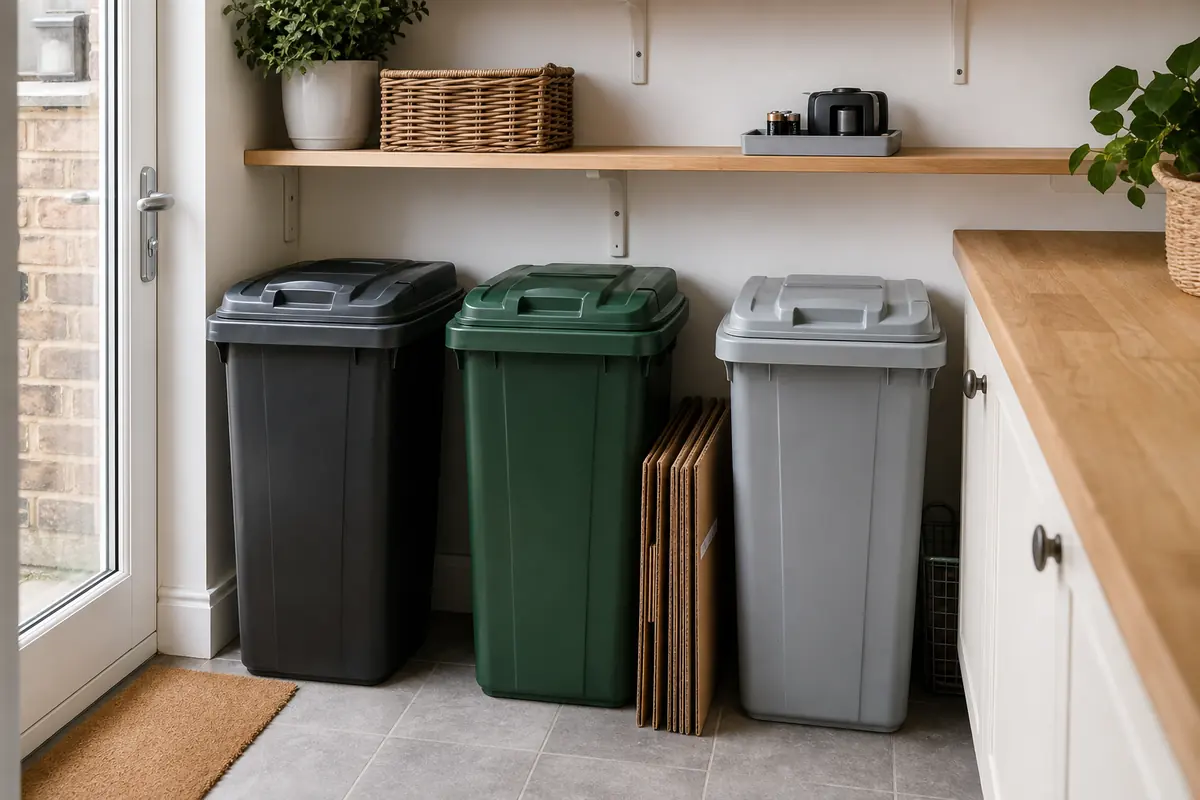 How to Manage Household Waste Safely in the UK 5 Separated household waste containers with batteries and a small electrical item stored apart for specialist collection