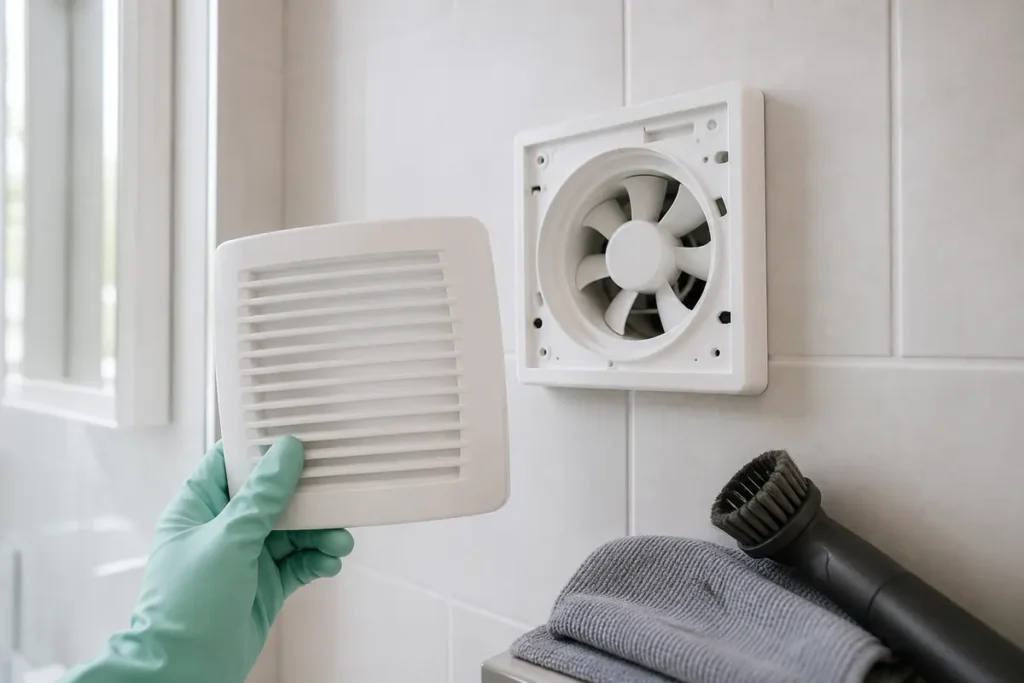 How to Clean Extractor Fan Safely: Kitchen or Bathroom 6 Bathroom extractor fan with the dry front grille removed for careful cleaning