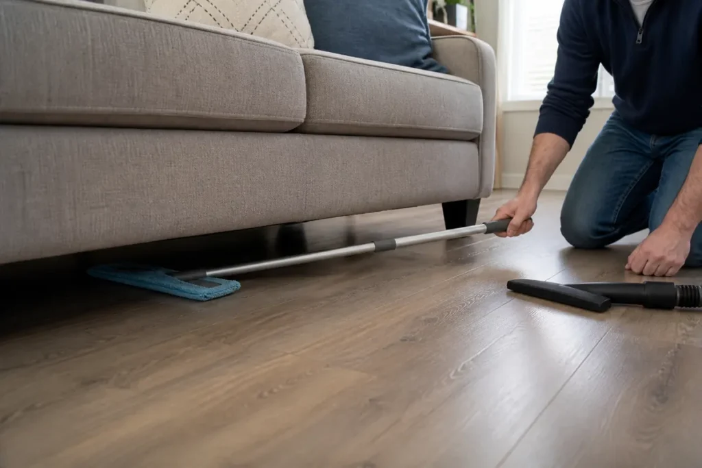 How to Clean Hard to Reach Places Safely at Home 6 Long-handled flat microfibre duster reaching beneath a sofa without moving it
