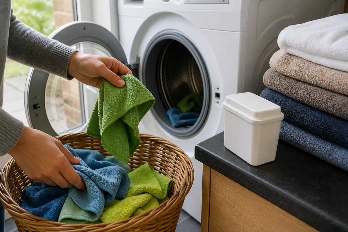 What Is a Microfibre Cloth? Uses, Selection and Care 6 Microfibre cleaning cloths separated from cotton towels beside a washing machine