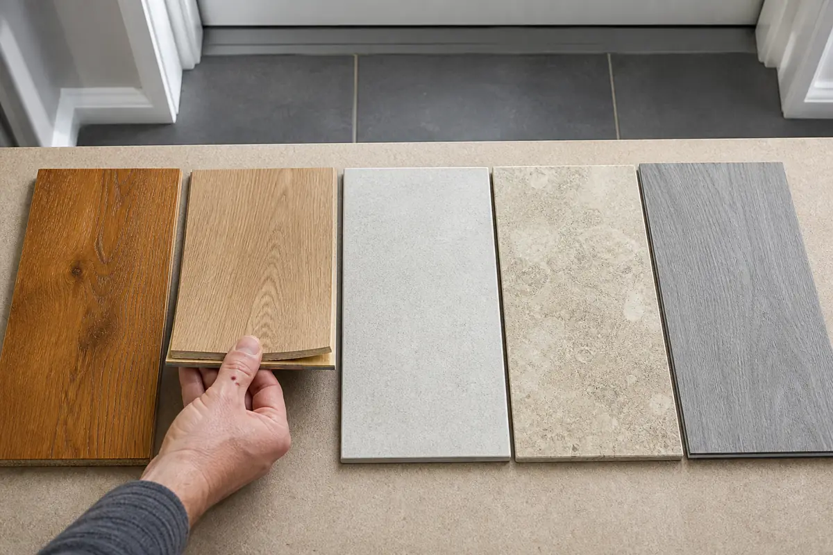 Floor Cleaning: Choose the Right Method for Every Floor Type 4 Homeowner comparing hardwood, laminate, tile, stone and vinyl flooring before cleaning