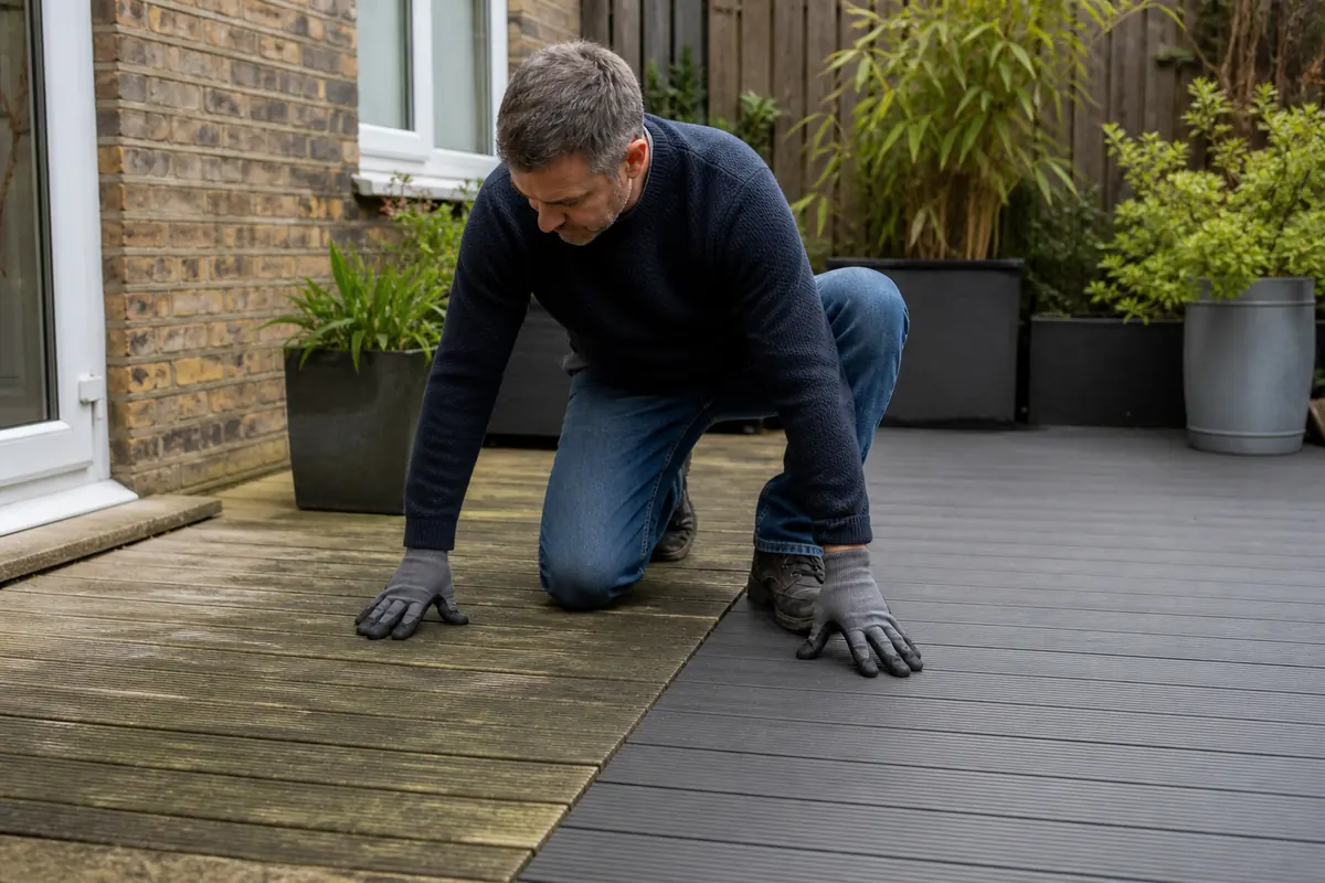 Deck Cleaning: How to Clean Wood and Composite Decking Safely 4 Cleaned wooden decking drying before furniture and planters are returned