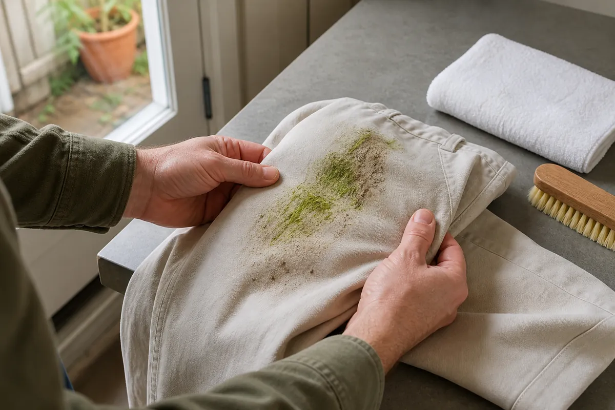 How to Get Out Grass Stains Without Damaging Clothes 4 Inspecting a grass and soil stain on light cotton trousers before treatment