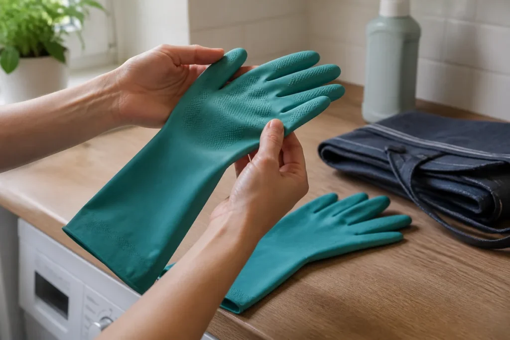 PPE for Domestic Cleaning: A Task-Based UK Guide 5 Clean dry hands inspecting reusable cleaning gloves for wear before use