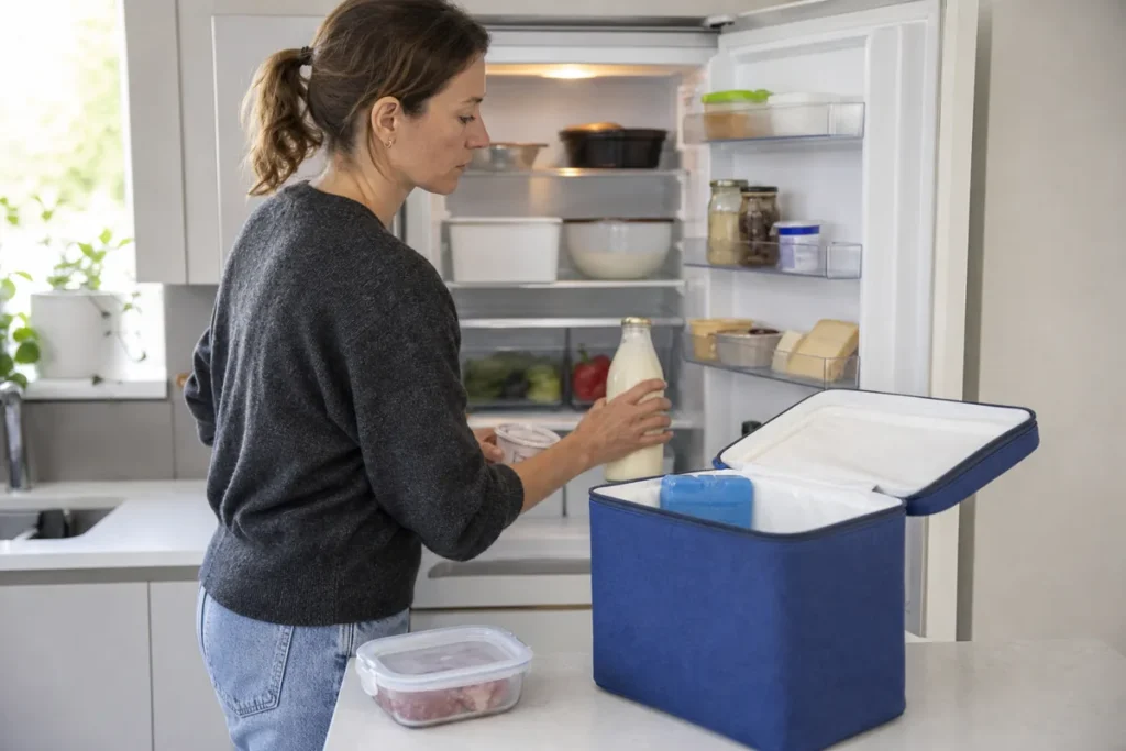 Fridge Cleaning: A Food-Safe Step-by-Step Guide for Home 4 A woman moving chilled food into an insulated cool box before cleaning the fridge
