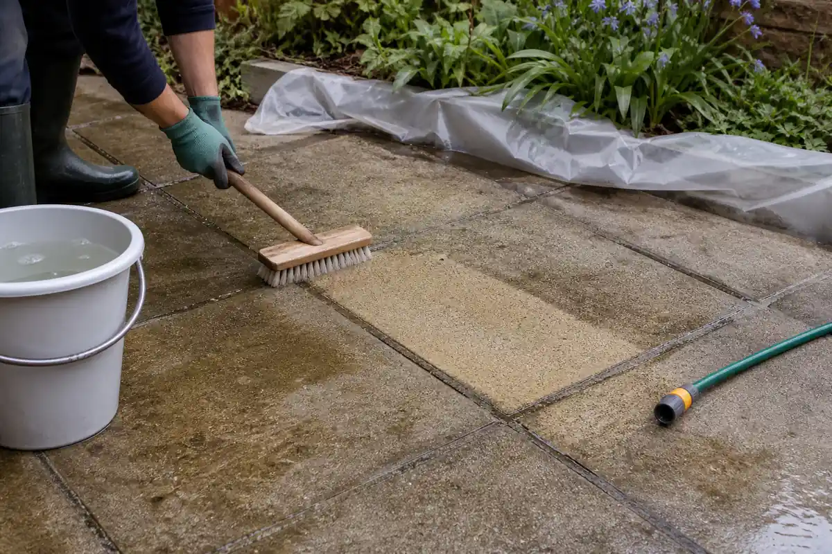 Best Way to Clean a Patio: A Material-Safe Method for London Homes 4 Patio slabs scrubbed by hand while nearby plants are protected
