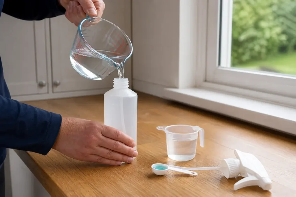 Homemade Window Cleaner: What Works and What Is Safe Around Children 4 Measuring water, white vinegar and washing-up liquid for a homemade window cleaner
