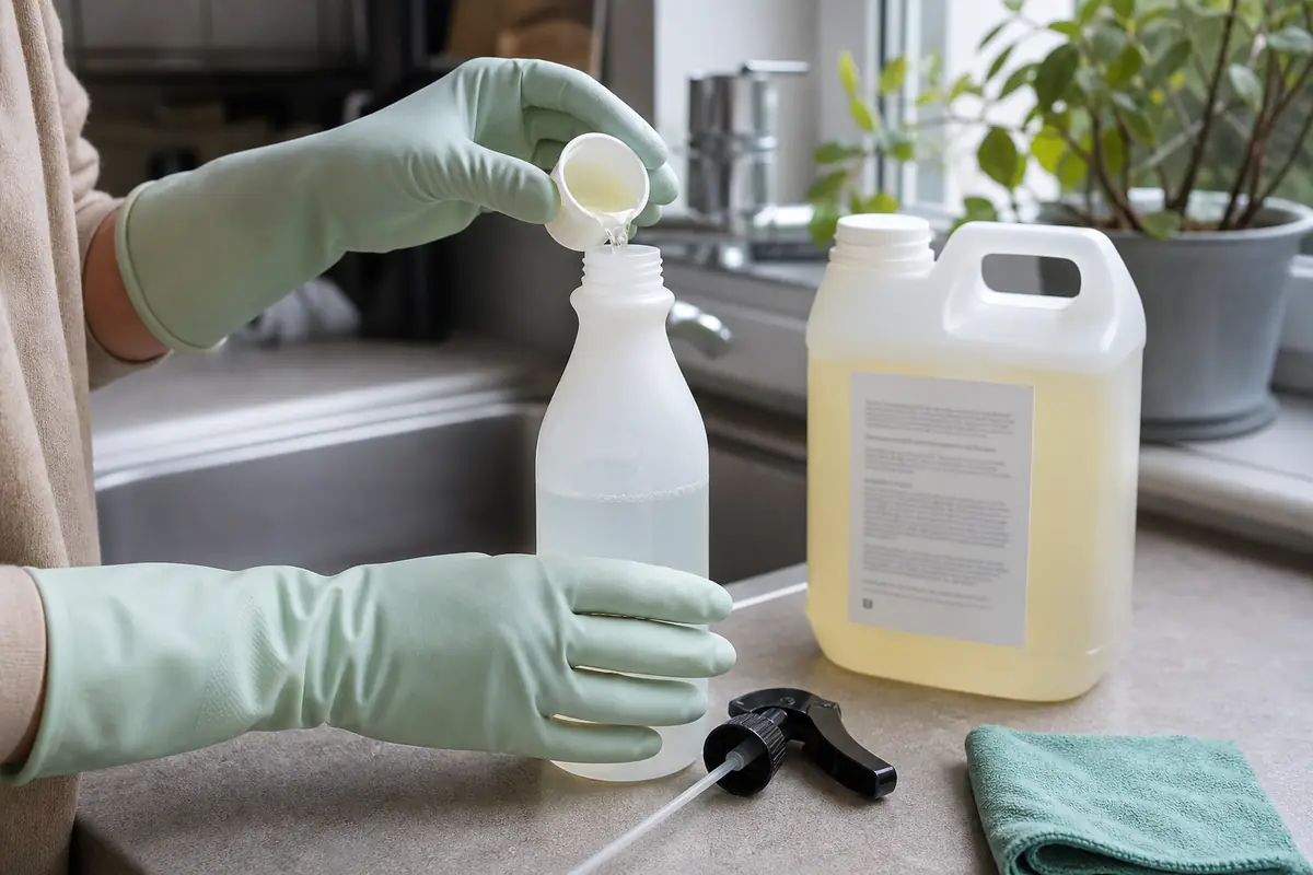 Environmental Impact of Cleaning Products: What Matters Most 4 Gloved hands measuring concentrated cleaner into a reusable spray bottle