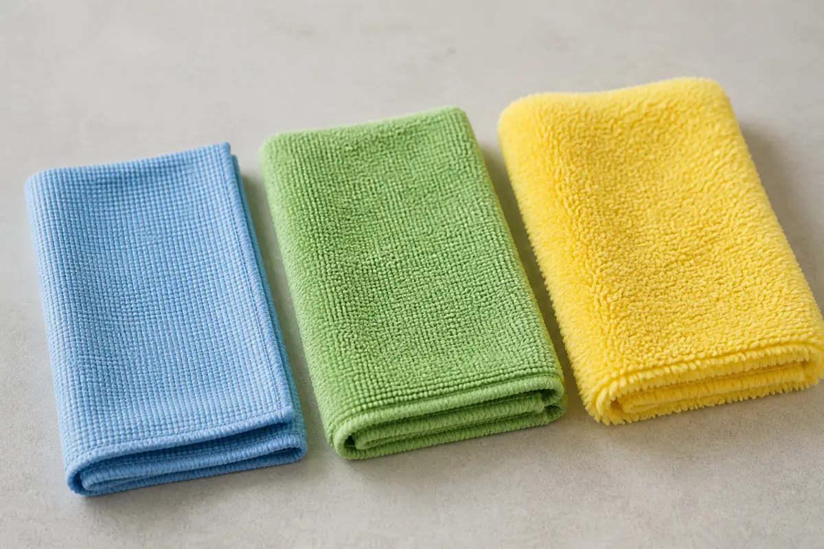 What Is a Microfibre Cloth? Uses, Selection and Care 4 Smooth, short-pile and plush microfibre cloths arranged to show their different cleaning textures