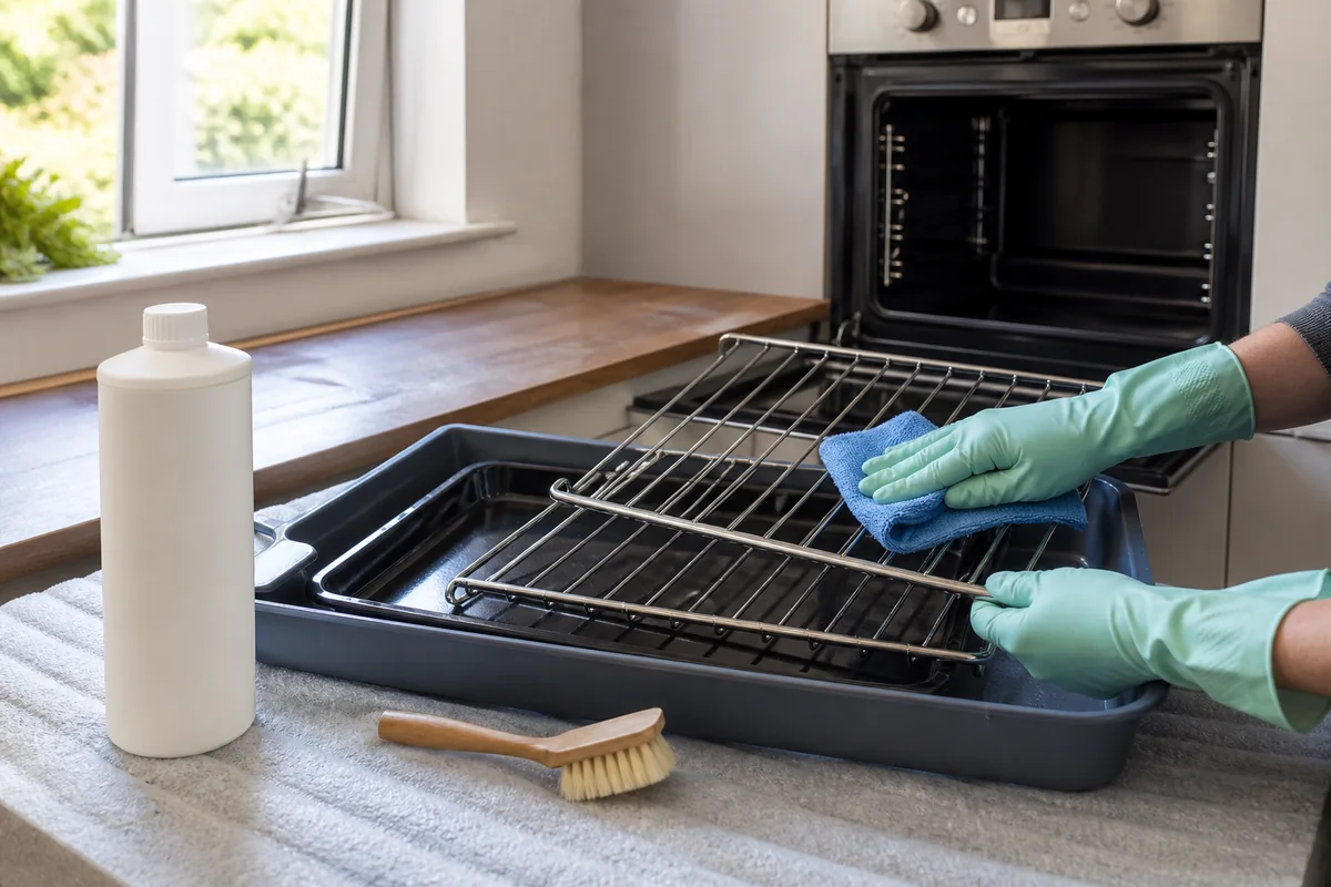 Oven Cleaning Mistakes End of Tenancy: 7 Errors to Avoid 5 Oven racks removed into a protected tray before degreasing
