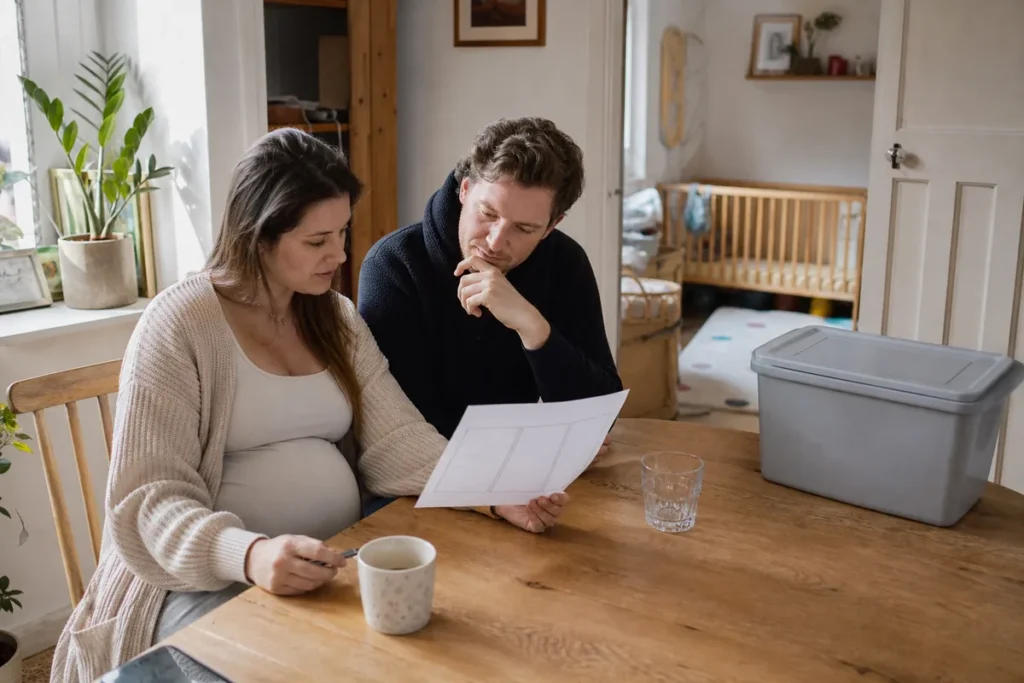 Safe Cleaning Before Baby Arrives: A Practical Checklist 4 Expectant couple planning priority and delegated cleaning tasks before their baby arrives