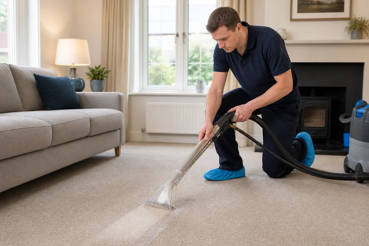 Carpet Stain Removal: Identify the Stain and Treat It Safely 6 Professional technician using controlled hot water extraction on a beige carpet