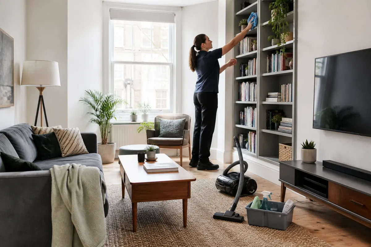 How to Clean a Living Room: A Practical Checklist 4 Professional cleaner dusting a living room bookshelf before vacuuming the floor