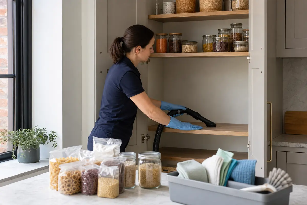 How to Clean a Pantry: A Food-Safe Checklist 5 Professional cleaner vacuuming dry crumbs from an empty pantry shelf