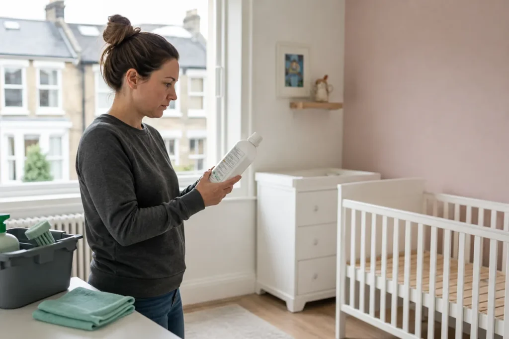 Safe Cleaning Before Baby Arrives: A Practical Checklist 5 Adult reading a cleaning product label before preparing an empty nursery