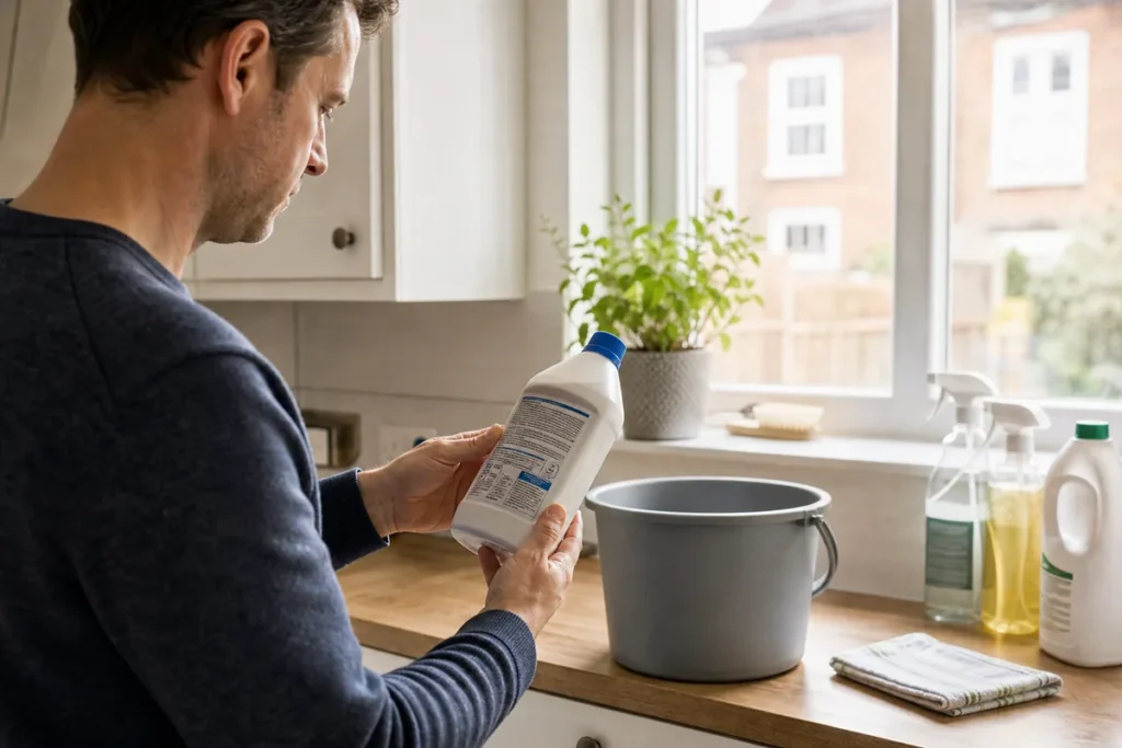 How to Use Cleaning Chemicals Safely at Home and Work 4 Adult reading a cleaning product label before preparing a household cleaning solution