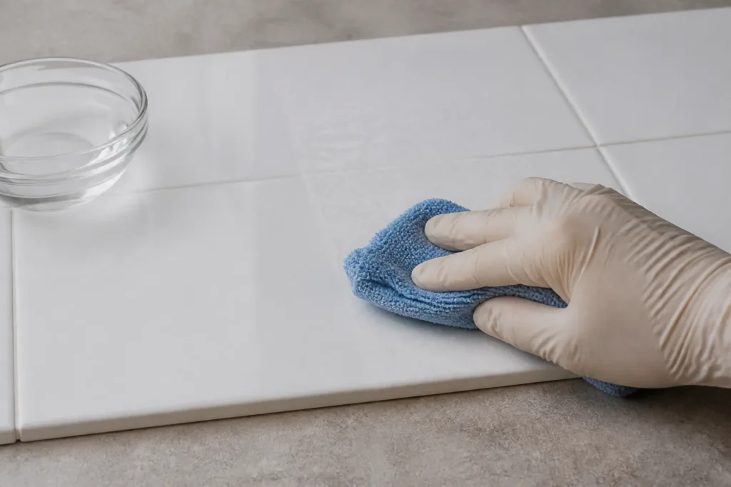 Baking Powder for Cleaning: Is It the Same as Baking Soda? 4 Wiping baking powder residue from glazed ceramic tile with a damp microfibre cloth