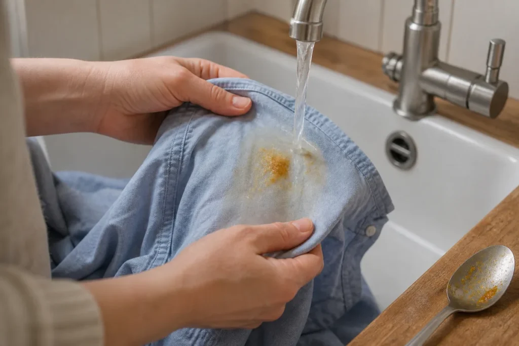 How to Remove Curry Stains with No-Nonsense Methods and Strategies 5 Cold water rinsing a curry stain on a cotton shirt