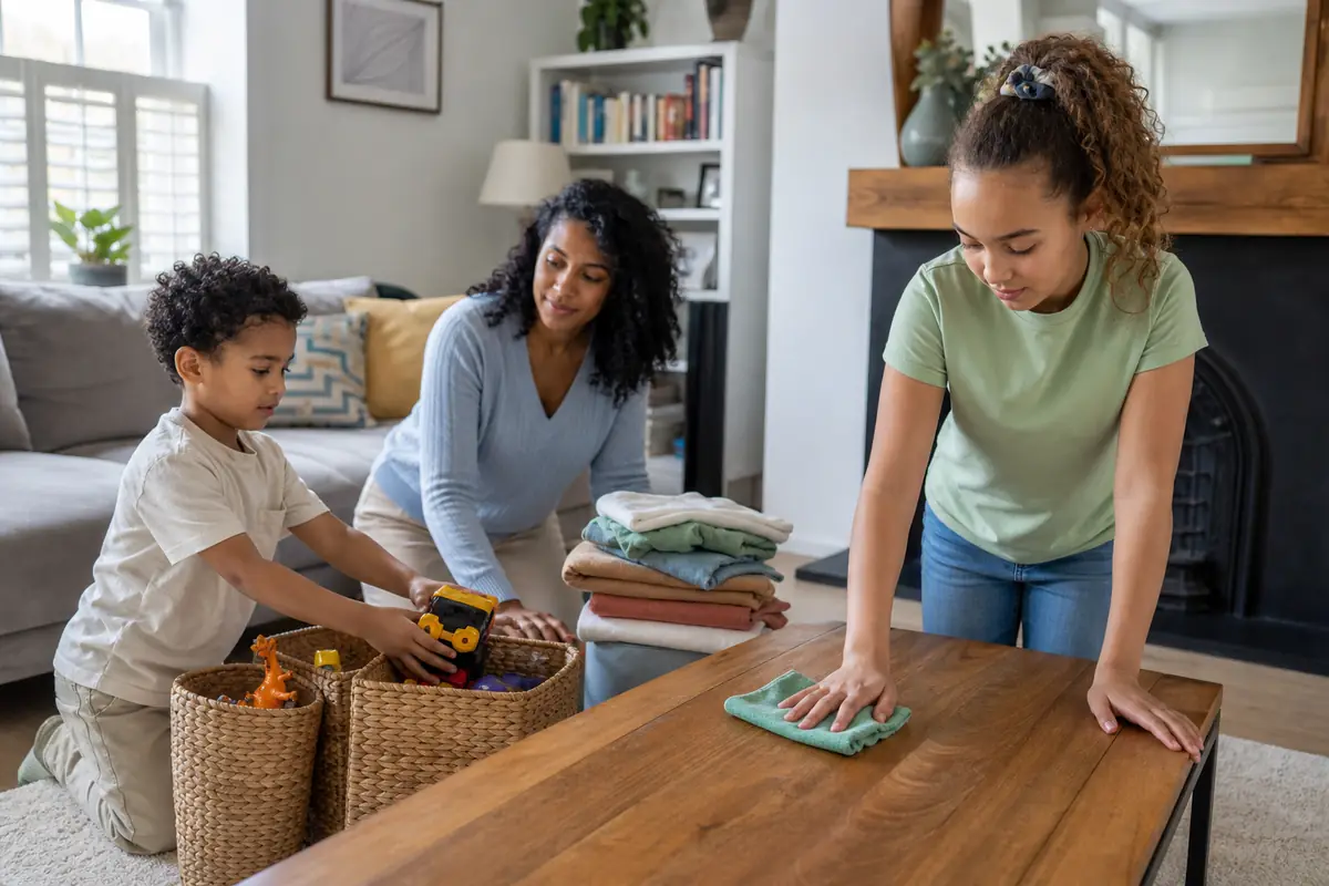 Cleaning Chores for Children: Age-Appropriate and Safe 6 Parent supervising children as they put away toys and wipe a dry table