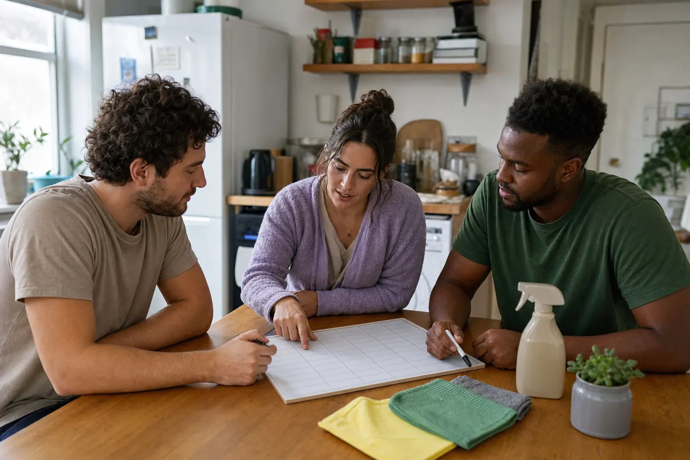 Cleaning Shared Spaces: A Fair Rota That Works 4 Flatmates agreeing a shared-house cleaning rota in a communal kitchen