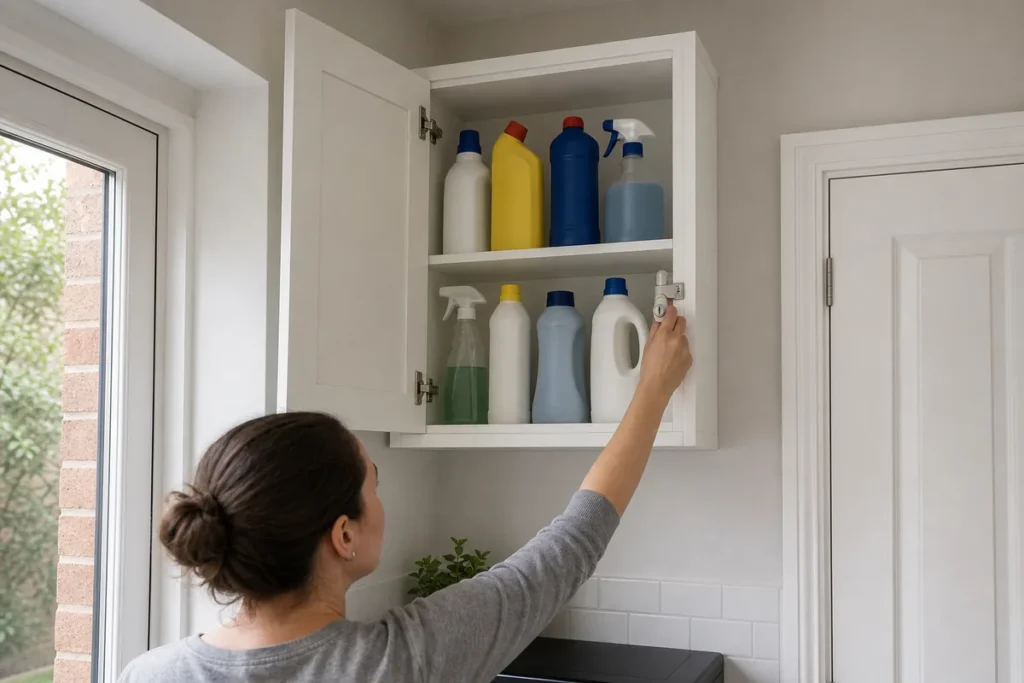How to Use Cleaning Chemicals Safely at Home and Work 5 Adult locking household cleaning products in a dedicated high cupboard