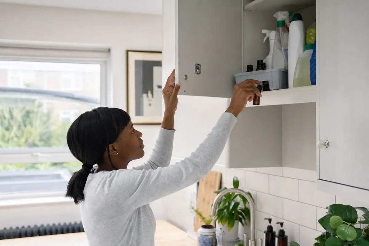 Are Essential Oils Safe for Cleaning Around Children? 4 Adult storing essential oils and cleaning products in a high cupboard