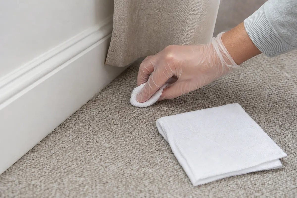 Carpet Stain Removal: Identify the Stain and Treat It Safely 5 Gloved hand testing carpet colourfastness in a hidden area beside a skirting board