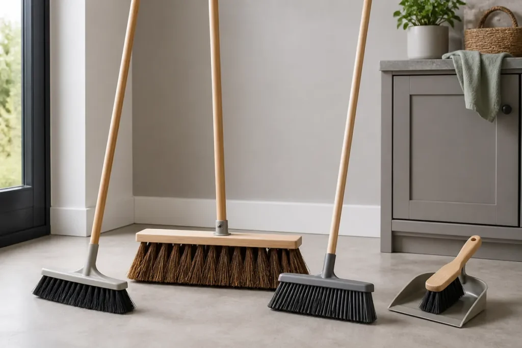 Types of Brooms for Cleaning: Choose and Use the Right One 4 Four broom head styles arranged for comparing indoor, outdoor and spot-cleaning tasks