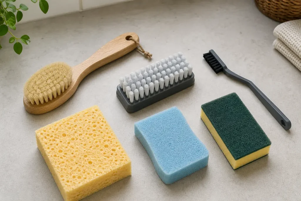 Types of Cleaning Brushes and Sponges: A Surface-Safe Guide 4 Cleaning brushes and sponges arranged to compare bristle shapes and surface textures