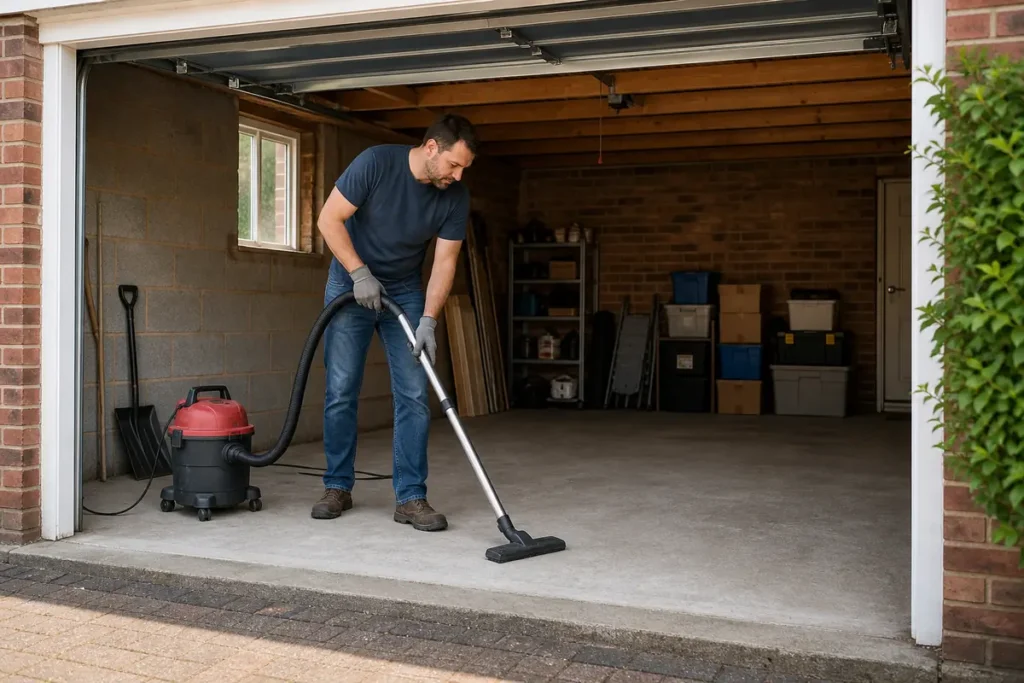 How to Deep Clean a Garage Safely: A Practical Checklist 5 Homeowner vacuuming dry dust from a cleared concrete garage floor