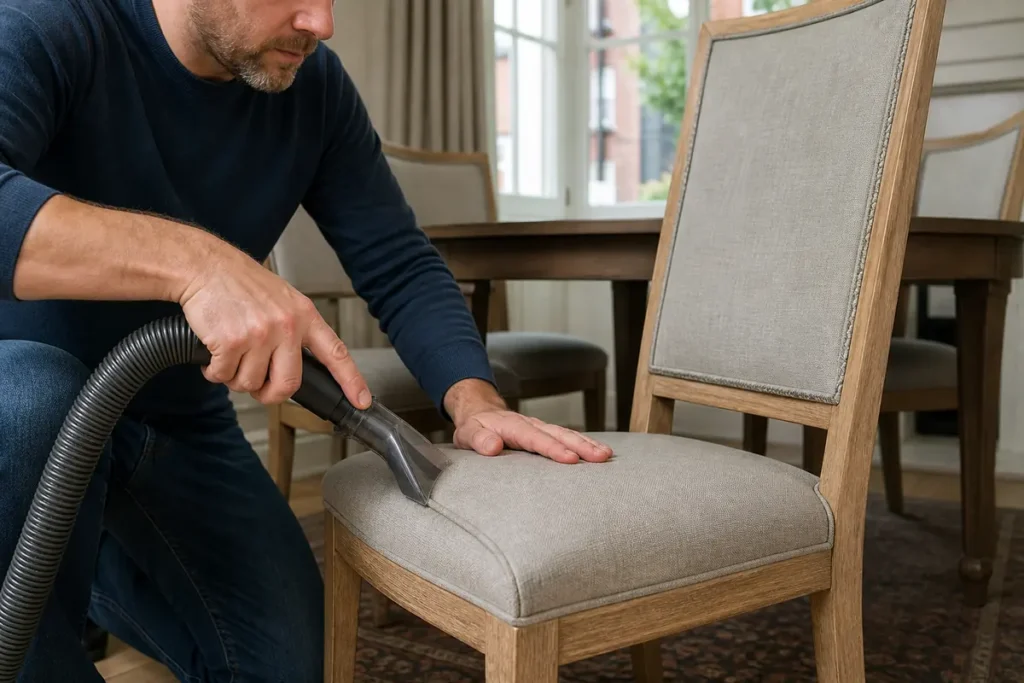 Best Way to Clean Upholstery Safely 5 Adult vacuuming the seams and fabric seat of an upholstered dining chair