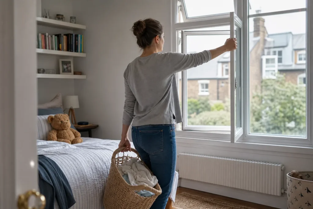 Homemade Air Freshener Safe for Children? What to Know 3 Parent ventilating a child's bedroom while removing damp laundry