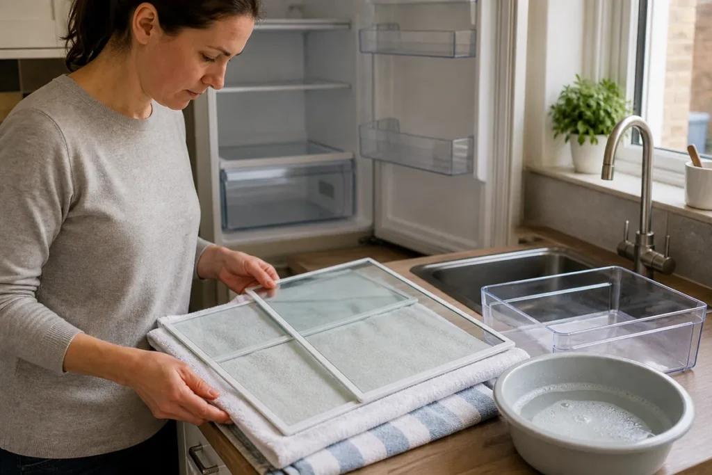 Fridge Cleaning: A Food-Safe Step-by-Step Guide for Home 5 Glass fridge shelves resting on towels before washing in lukewarm water
