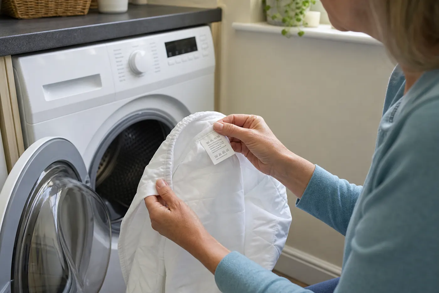 Washing Mattress Protector Safely Without Damaging It 4 Checking the care label on a waterproof mattress protector before washing