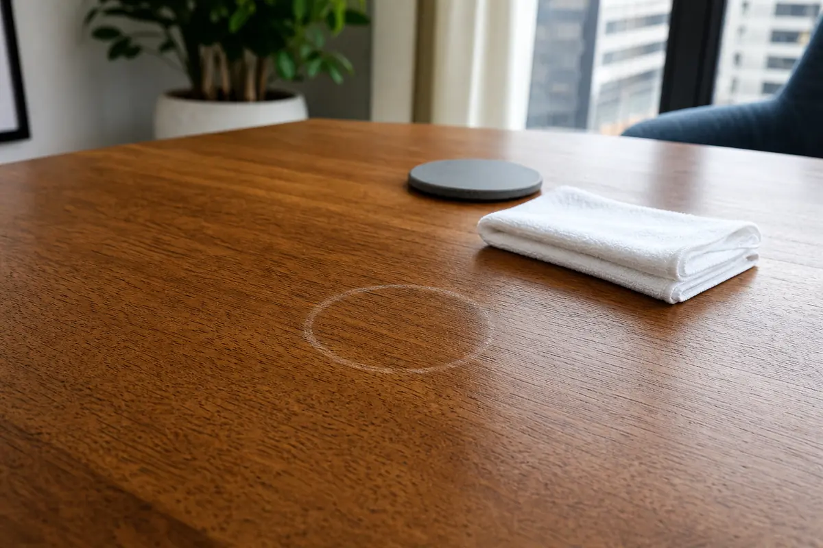 Remove Water Stains from Wood: White Marks, Dark Stains and Safe Limits 5 Cloudy white water ring on a finished wooden table