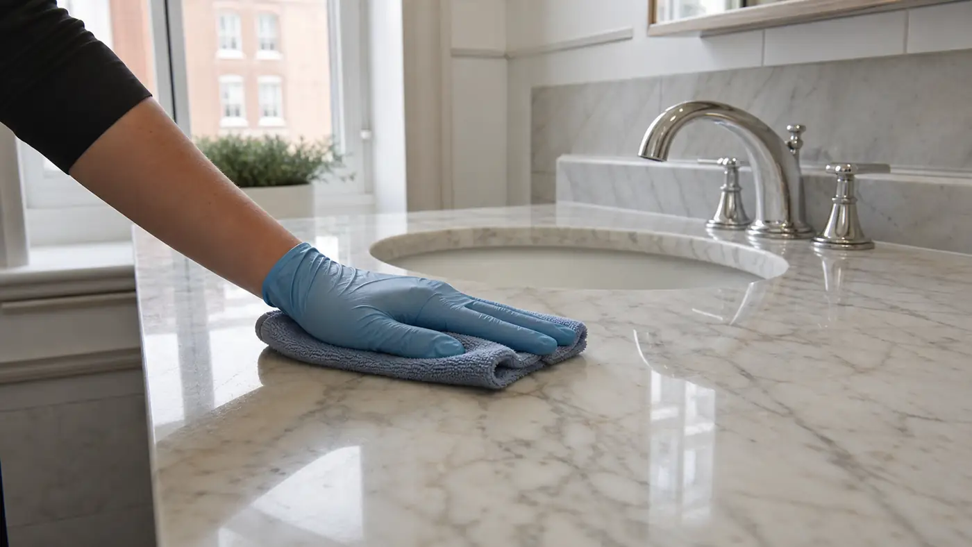 Removing Stains from Marble: Stain or Etching? 6 Wiping a light marble vanity with a damp microfibre cloth during routine cleaning