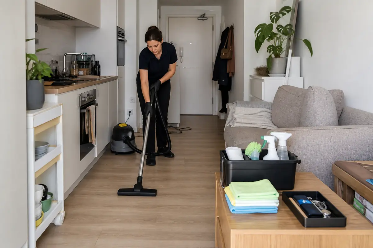 How to Clean a Small Flat: Quick, Routine and Deep-Clean Plans 4 Professional cleaner vacuuming a cleared zone in a compact studio flat