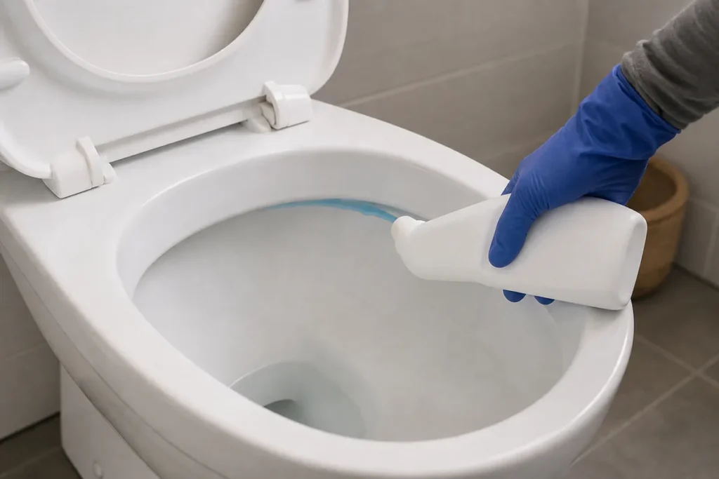 How to Clean a Badly Stained Toilet with Eco-Friendly Methods 3 Gloved hand applying one unbranded toilet-cleaning gel under the bowl rim