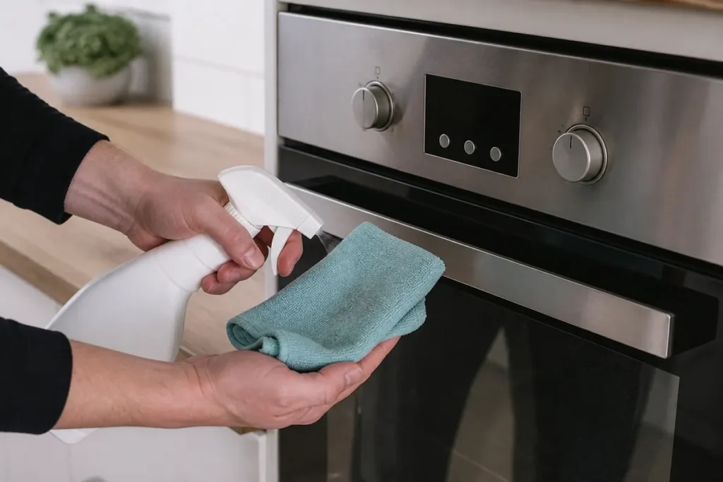 Cleaning Stainless Steel Splashbacks and Countertops 6 Cleaner applied to a microfibre cloth away from stainless-steel oven controls
