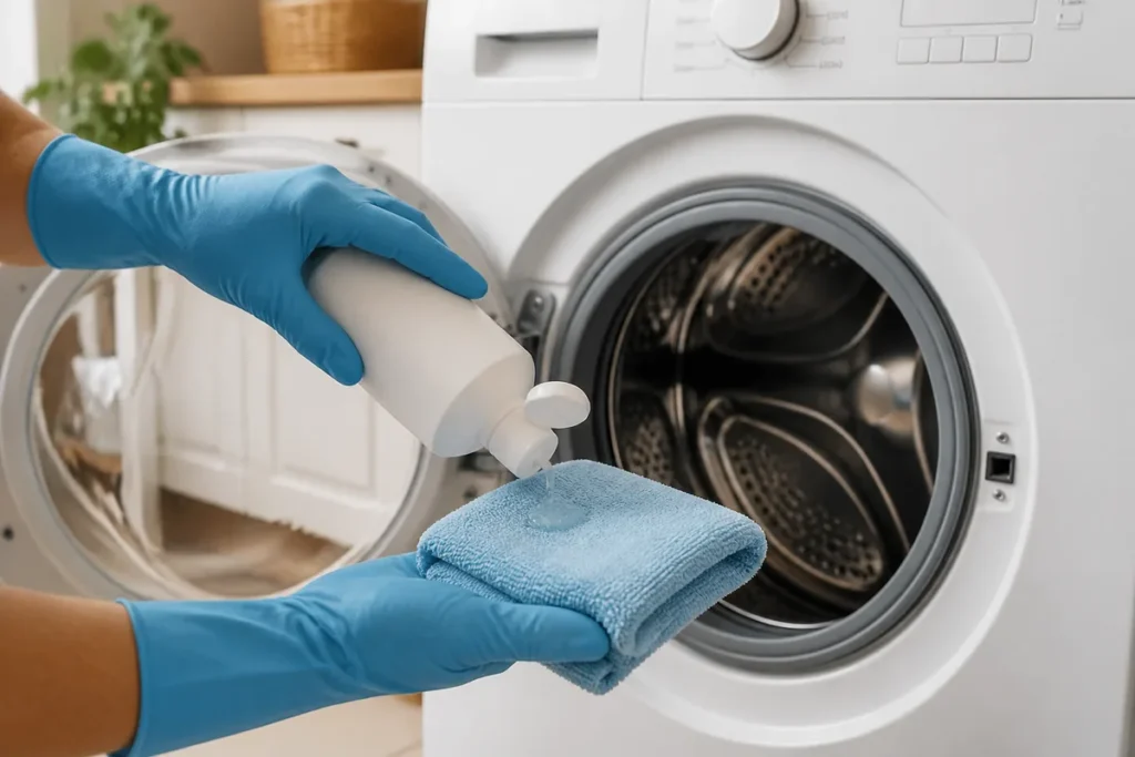 A Complete Guide to Cleaning Your Washing Machine’s Rubber Seal 5 Cleaner applied to a microfibre cloth away from washing-machine controls and the rubber seal