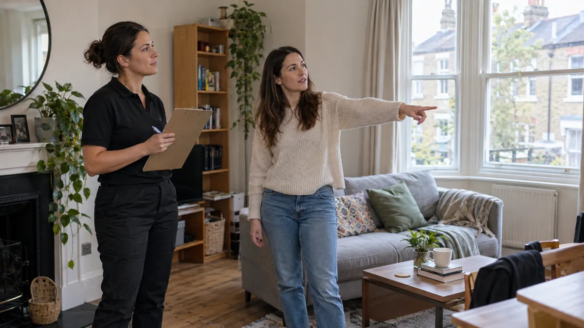Cleaning Services Pricing in London: What Changes the Quote 8 Customer and professional cleaner assessing the scope of a London living room before preparing a cleaning quote.