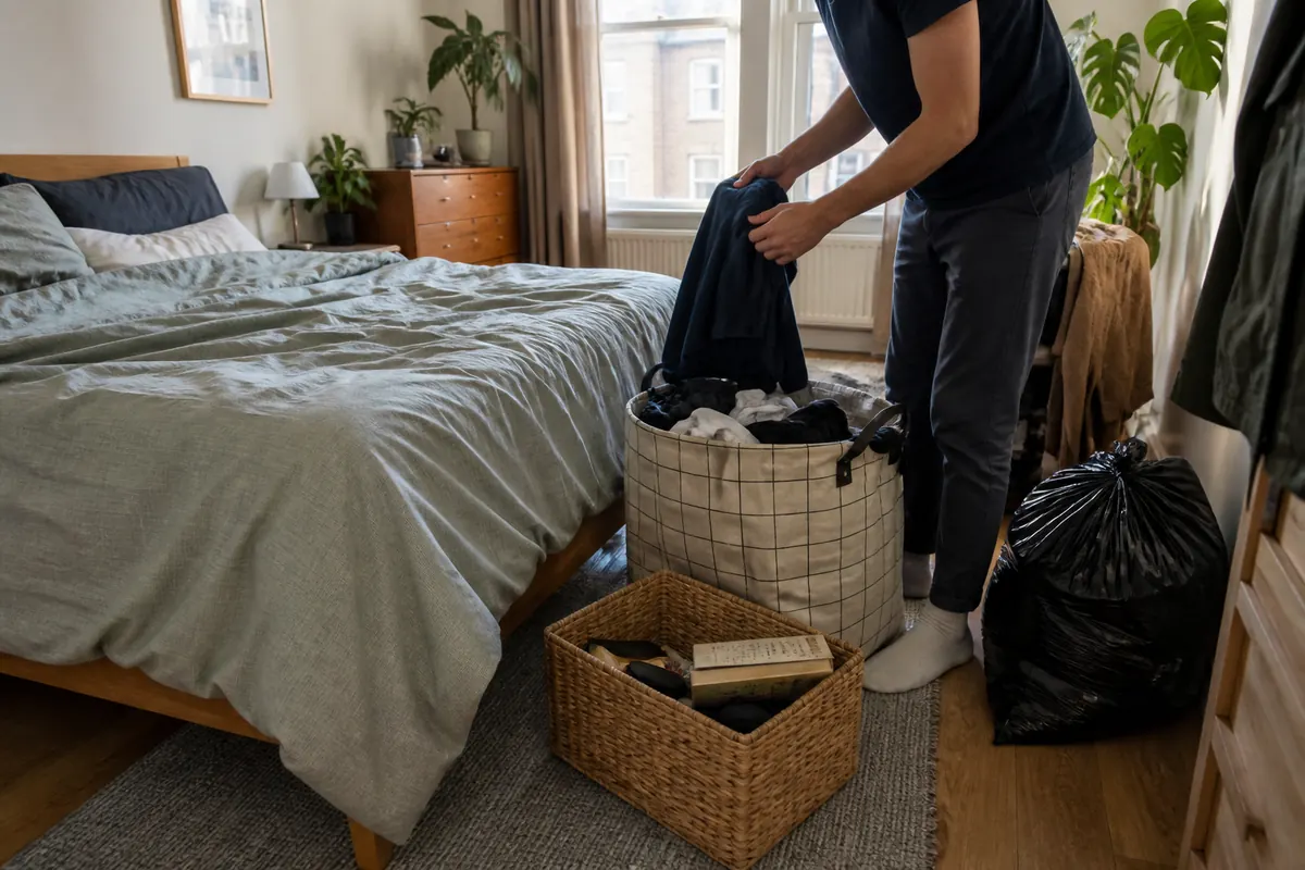 How to Clean Your Bedroom (Quickly) 4 Bedroom reset with laundry, clutter and rubbish sorted into separate containers