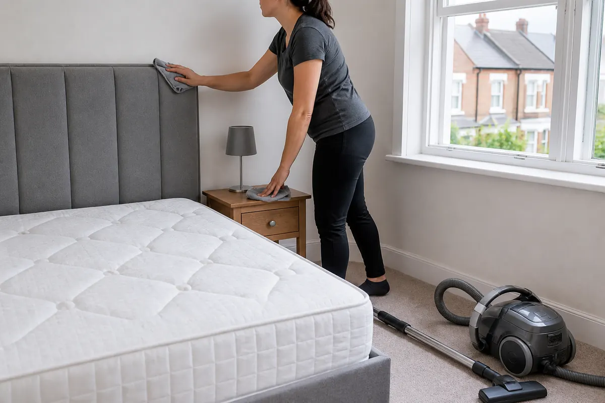 How to Clean Your Bedroom (Quickly) 5 Dusting a bedroom headboard and bedside table before vacuuming the floor