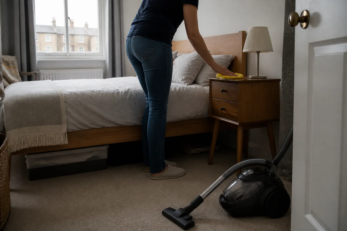 How to Clean Your Bedroom (Quickly) 6 Wiping a bedroom bedside table during a weekly maintenance clean
