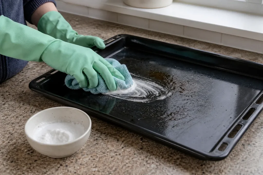 Is Mixing Baking Soda and White Vinegar Effective for Cleaning? 4 Bicarbonate paste used gently on a removable enamel baking tray