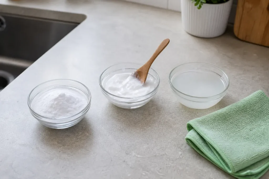 10 Surprising Ways to Use Baking Soda for a Sparkling Clean Home 5 Dry bicarbonate powder, thick paste and diluted cleaning solution in separate bowls
